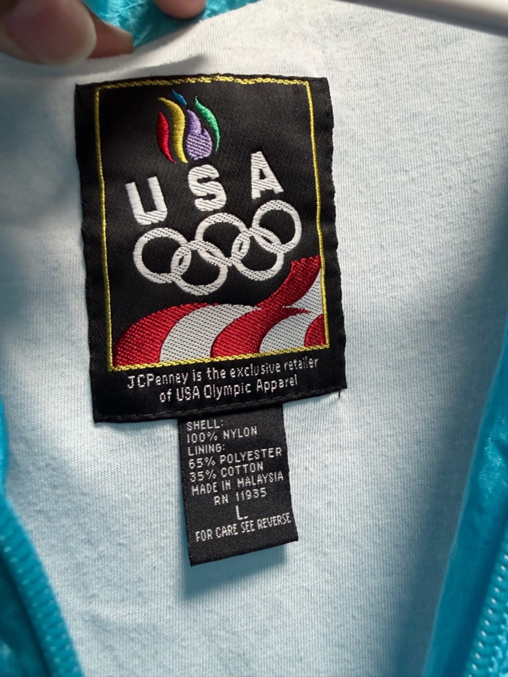 VTG USA Olympic JcPenney Nylon Windbreaker Jacket Sz L Blue Pink White Retro - Picture 2 of 11